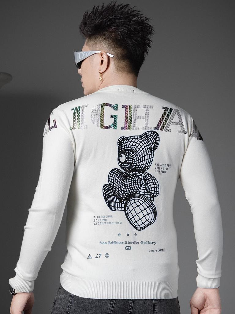 European Station 2025 New Trendy Bear Print Round Neck Sweater Men's Autumn and Winter Pullover Long Sleeve Knitted Sweater for Men