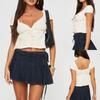 Women T-shirt, Short Sleeve V Neck Tie-up Solid Ladies Crop Top Summer Tops for Casual Daily