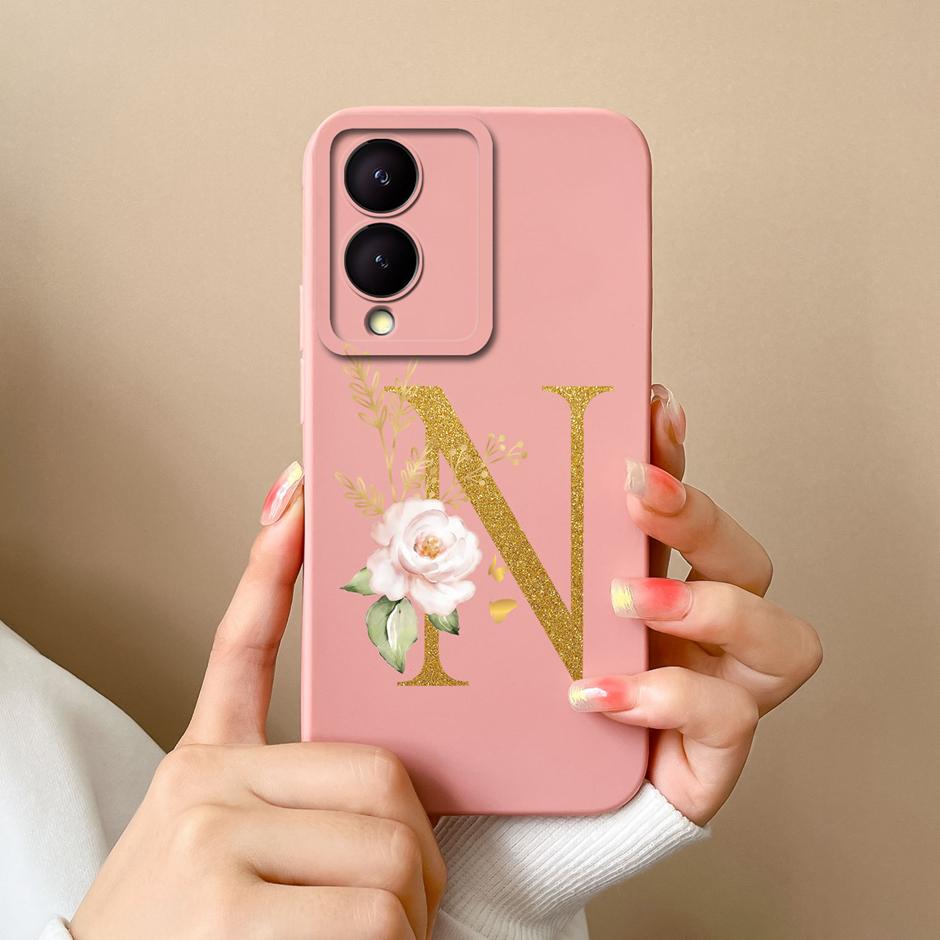 Чехол для VIVO Y17S 4G A To Z Милый Цветочный Буквенный Узор Гладкий Жидкий Силиконовый Чехол Для VIVOY17S Y17s 4G Модный Чехол Для Пары