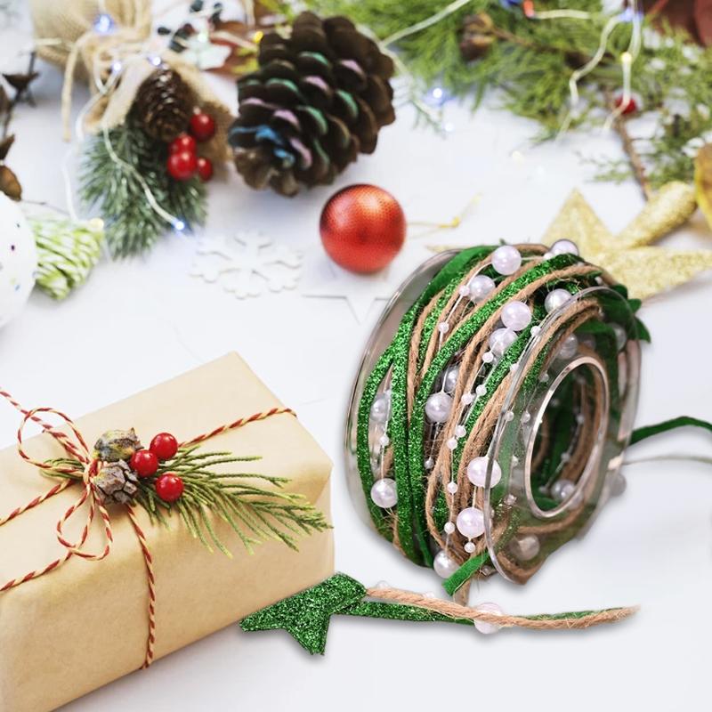 Рождественский дизайн с блестящими звездами, многофункциональный дизайн с жемчужной цепочкой, роскошная тесьма, подарочная упаковка, многослойный блеск, 5 ярдов
