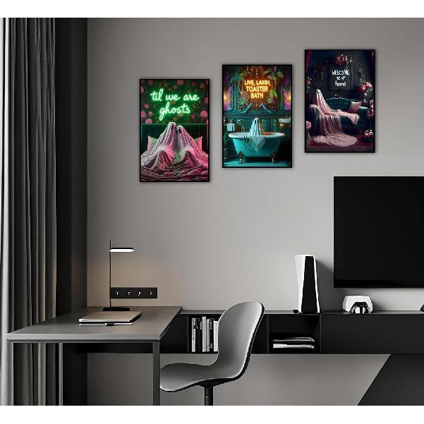 3Pcs Halloween Neon Bathroom Wall Art Tropical Ghost Dying To Relax Painting Picture Wall Decor Fashion Funny Gothic Ghost Toaster Poster Print