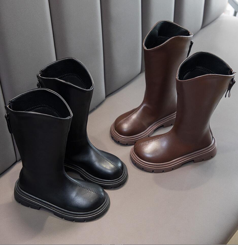 Fashion Girls' Long Boots 2024 Winter New British Style Black Children's Knight Boots Princess Girl Back Zipper Knee-High Boots 4-15 Yea