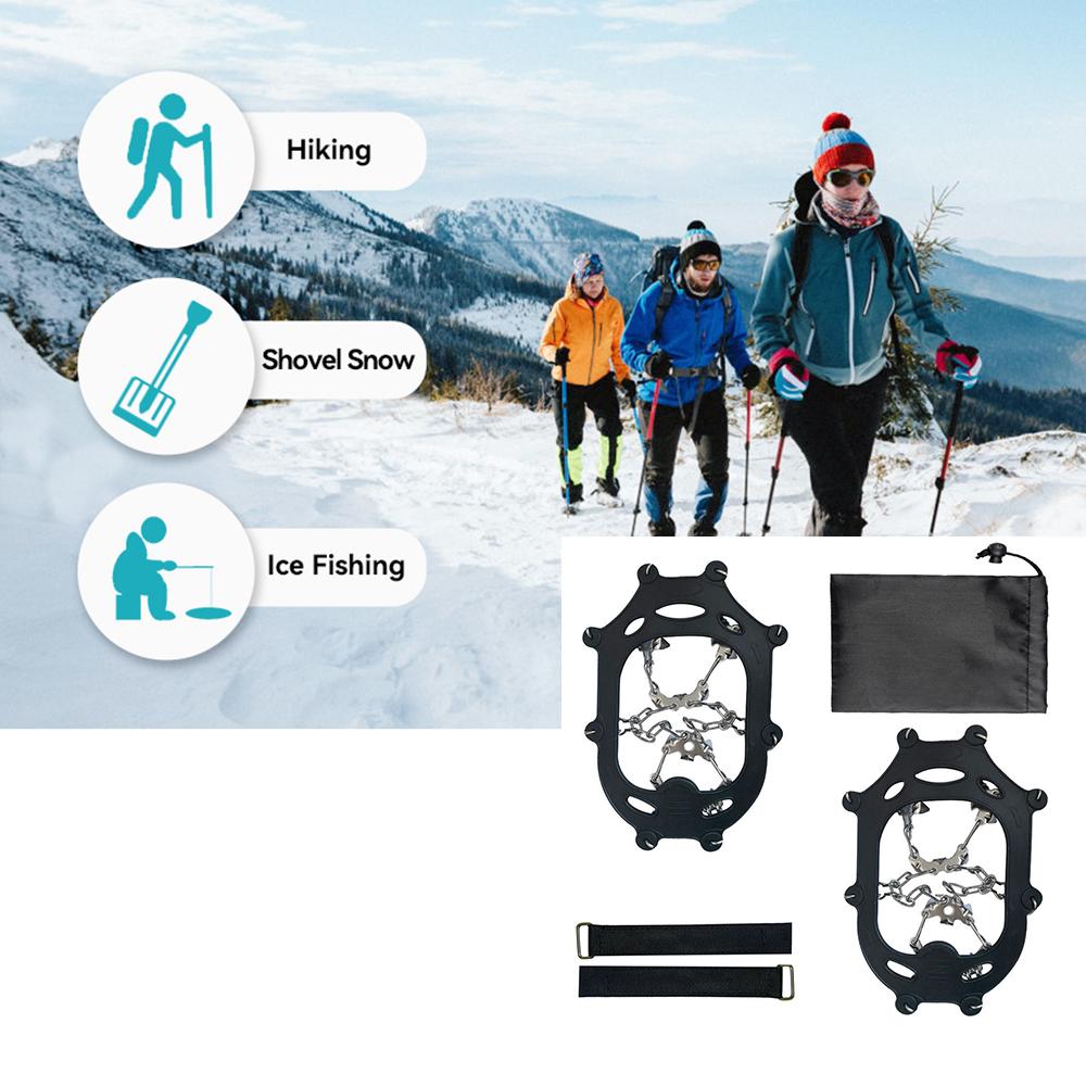 2 x Черные ледоступы с шипами для сцепления со снегом, подходят для обуви и ботинок, 19 стальных шипов