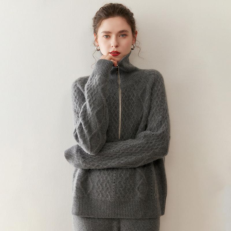 Thick Cable Knit Cashmere Half-Zip Lapel Sweater - Women's Polo Neck Base Layer, Autumn/Winter Korean Style.
