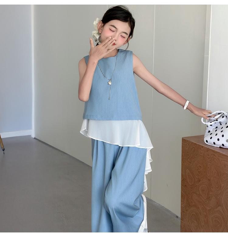 Girls' Set 2026 Summer New Children's Casual Sleeveless Patchwork Top Korean Wide Leg Pants Two-Piece Set Summer