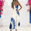 Women s Plus Size Strappy V Neck Sleeveless Off Shoulder A Line Long Printed Dress Blue White