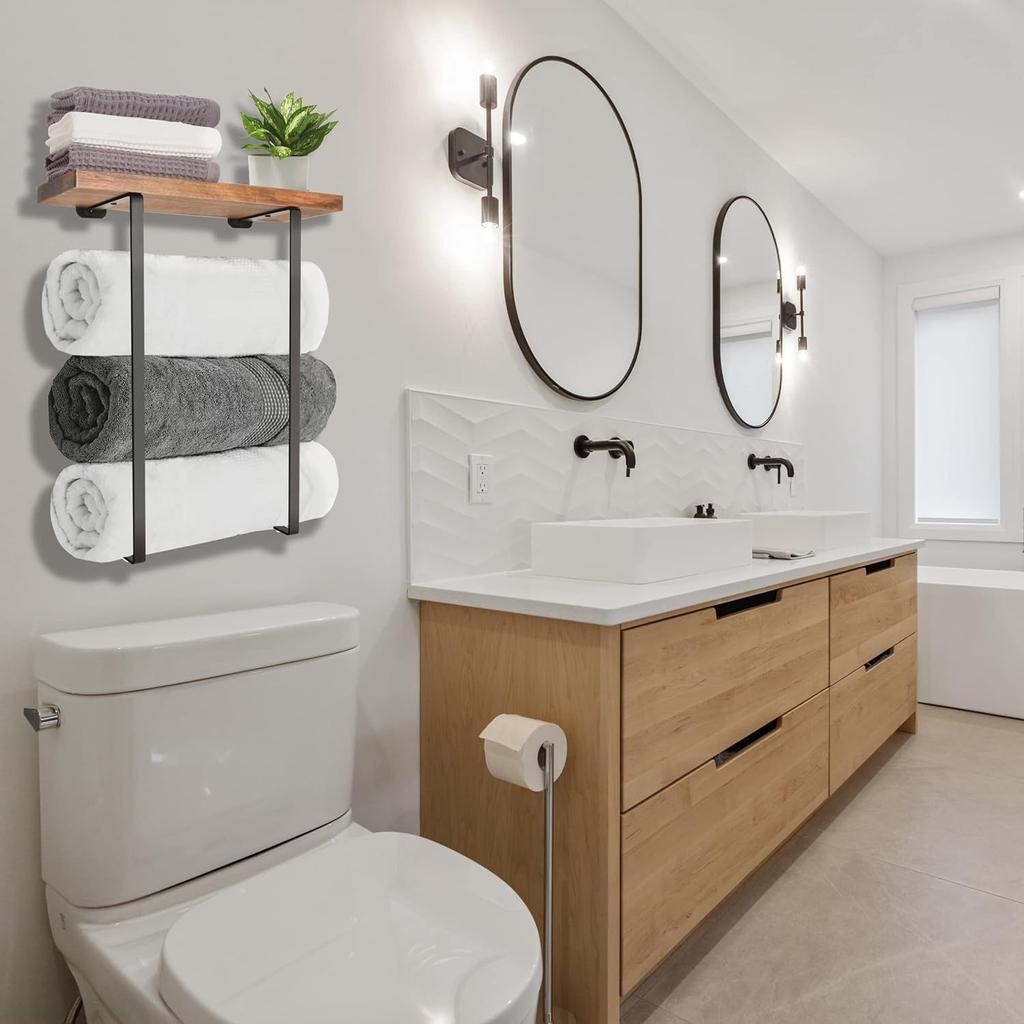 Double Pole Towel Storage Rack, Non Perforated Towel Storage Rack, Wall Mounted Black Iron Wood Bathroom Towel Rack