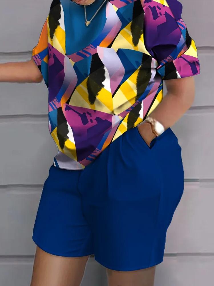 Повседневный топ и шорты, комплекты, повседневная футболка с коротким рукавом, женский летний комплект с градиентом и 3D принтом, карманные шорты, костюм, женская футболка, шорты
