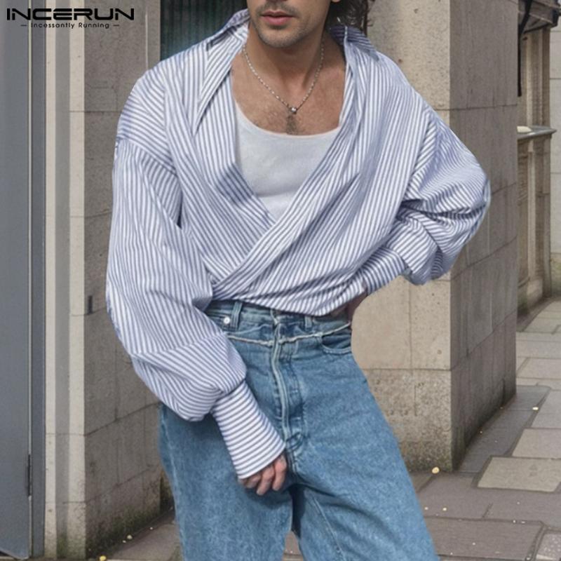 INCERUN Men Lapel Striped Front Cross Long Sleeve Shirts Loose Casual Tops
