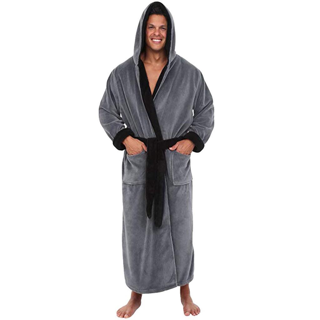 Men's Winter Lengthened Plush Shawl Bathrobe Home Clothes Long Sleeved Robe Coat