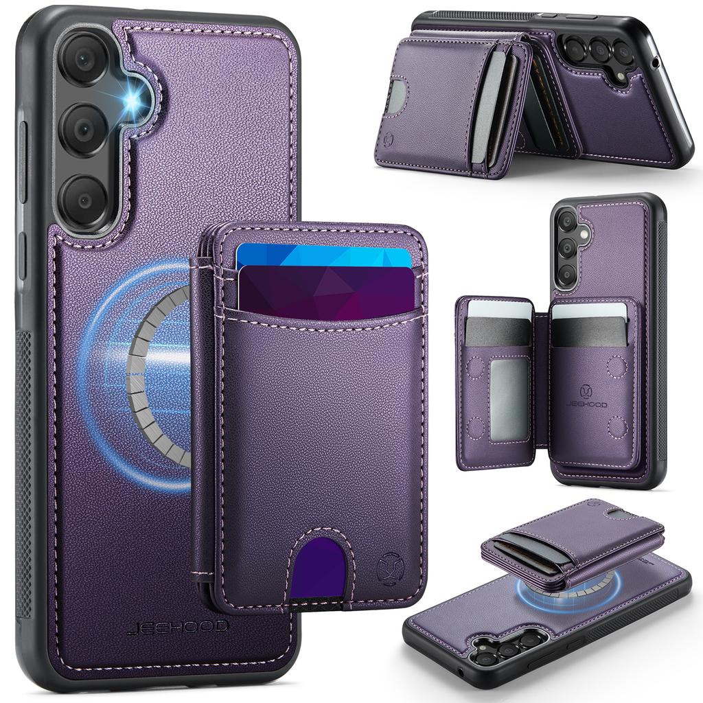 For Samsung Galaxy A55 5G Magnetic Case JEEHOOD J10 Leather Back Phone Cover with Detachable Card Holder Kickstand