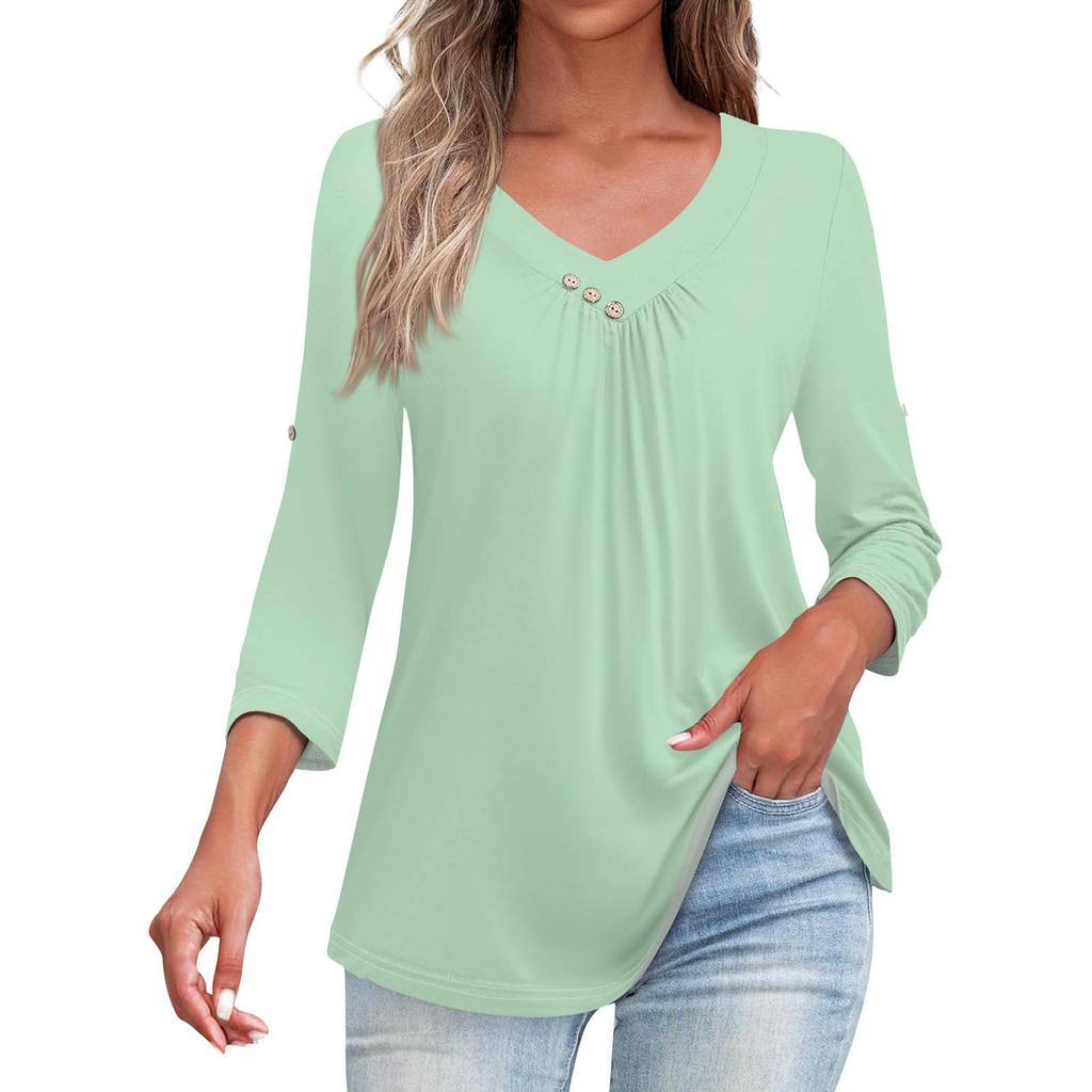 Shirts For Women Trendy V Neck Button T Shirts Casual Solid Color Summer Tees T Shirt Blouse Three Quarter Sleeve Tops For Women