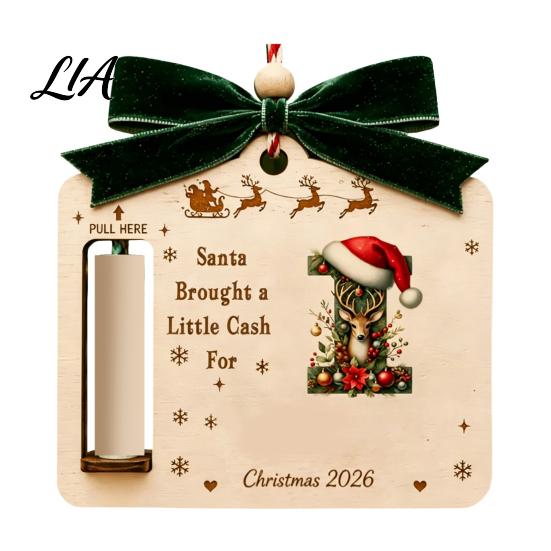 Handmade Cash Gift Card Holder Personalized Letter Christmas Money for Cash, Wooden Alphabet Hanging Gifts Ornament with Velvet Bow Holiday