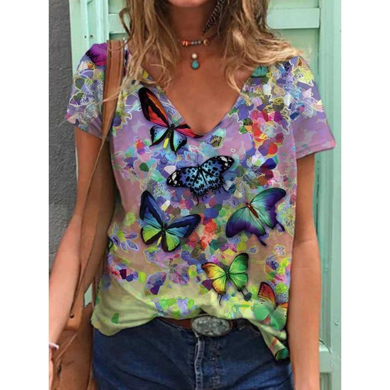 Summer Butterfly Dragonfly 3dV Neck Printed New Women's Top T-shirt