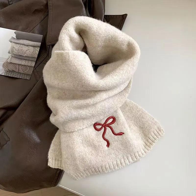 Winter Warm Knitted Scarf Selected Autumn and Winter Wool Blended Monochrome Embroidered Scarf Women's New Versatile Parent Child Style