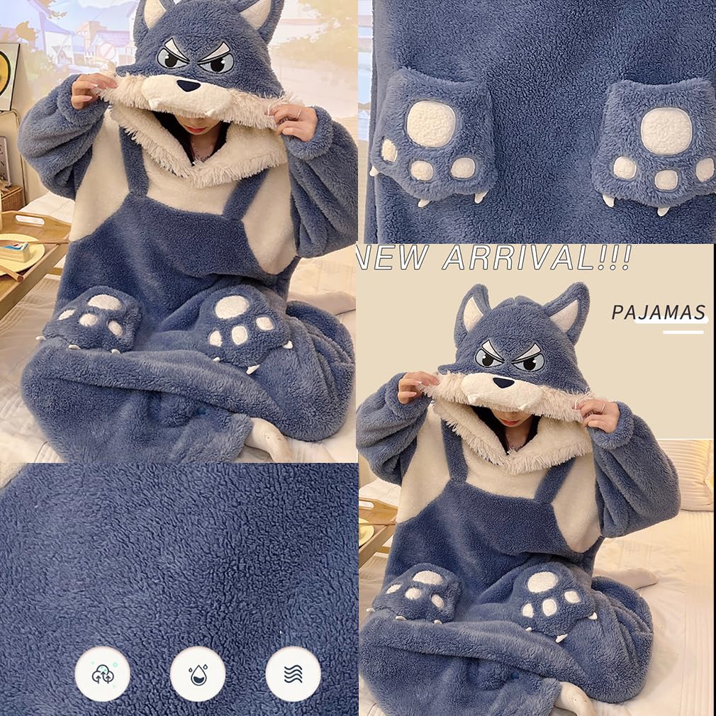 Bwgoroku Женская пижама кигуруми волка, Длинные рукава, Пушистый костюм животного, Забавный подарок, Домашняя одежда (Размер L, Синий)