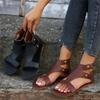 Hollowed-out Shoes with Toe Exposed and Zipped Flat Sandals for Women, Large-sized Retro Sandals