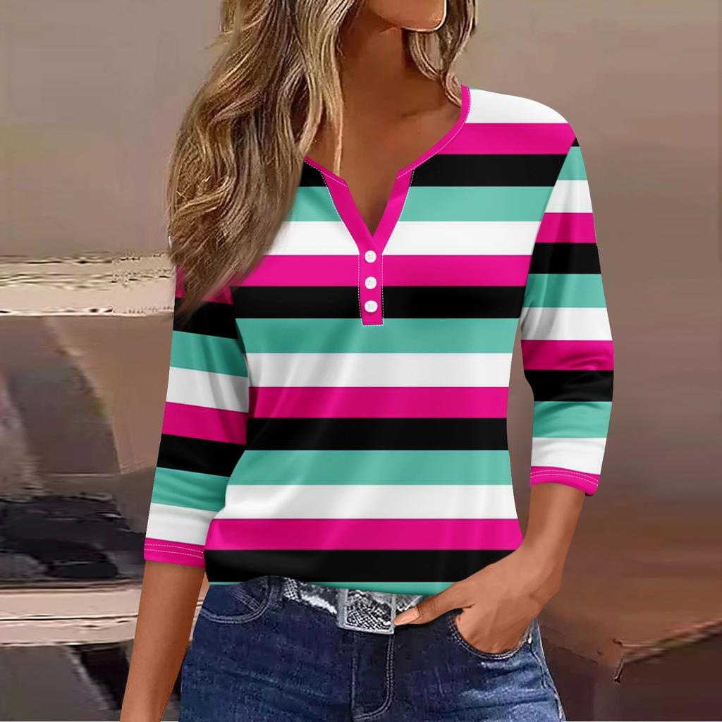 Жен. Футболка Футболка С принтом Пуговицы Рукав 3/4Ежедневно Выходные Мода Классический Топ с v-образным вырезом Обычный