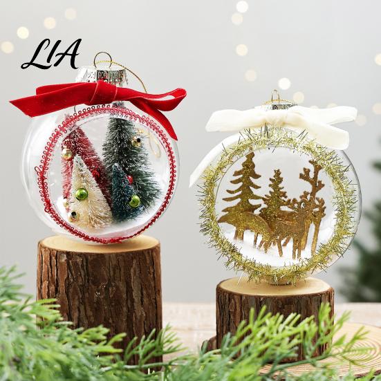 Plastic Holiday Balls Opening Christmas Ball Ornament with Bow, Tree Reindeer Snow Scene Shatterproof Inside Hanging Clear Ball, Xmas Sphere