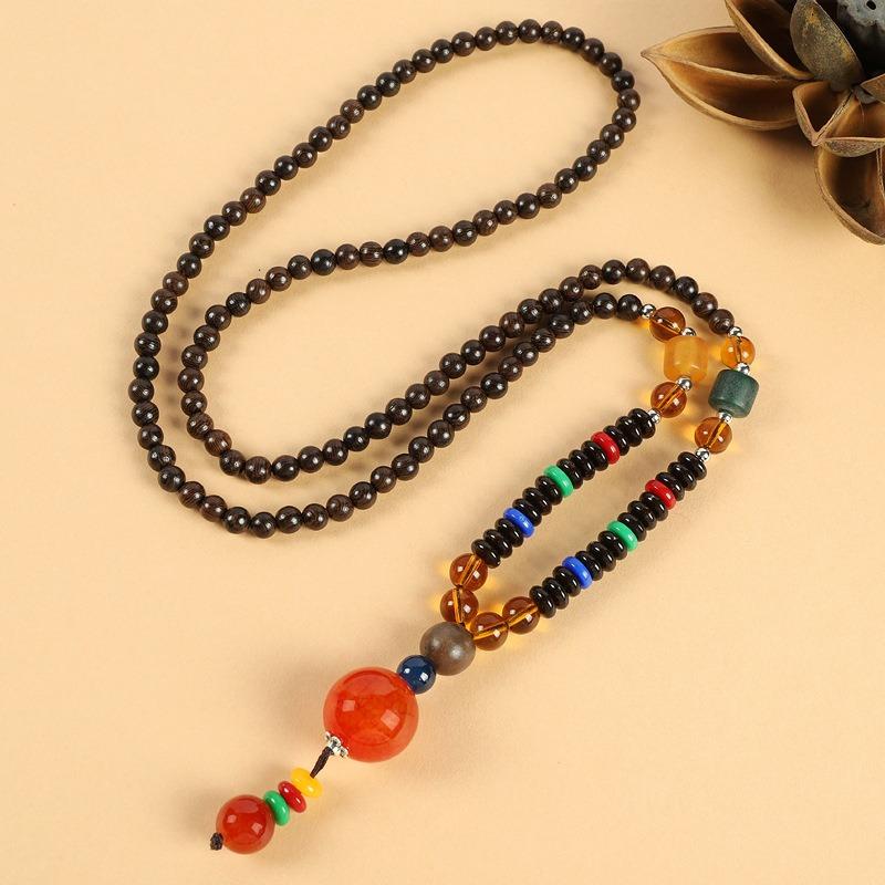 Retro Versatile Men's and Women's Sweater Chain Long High-end Wooden Pendant Buddha Bead Necklace Pendant Cotton and Linen Accessories