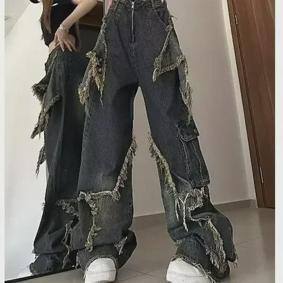 2023 High-Waisted Dark Retro Star Wide-Leg Jeans with Raw Edge and Loose Street Style