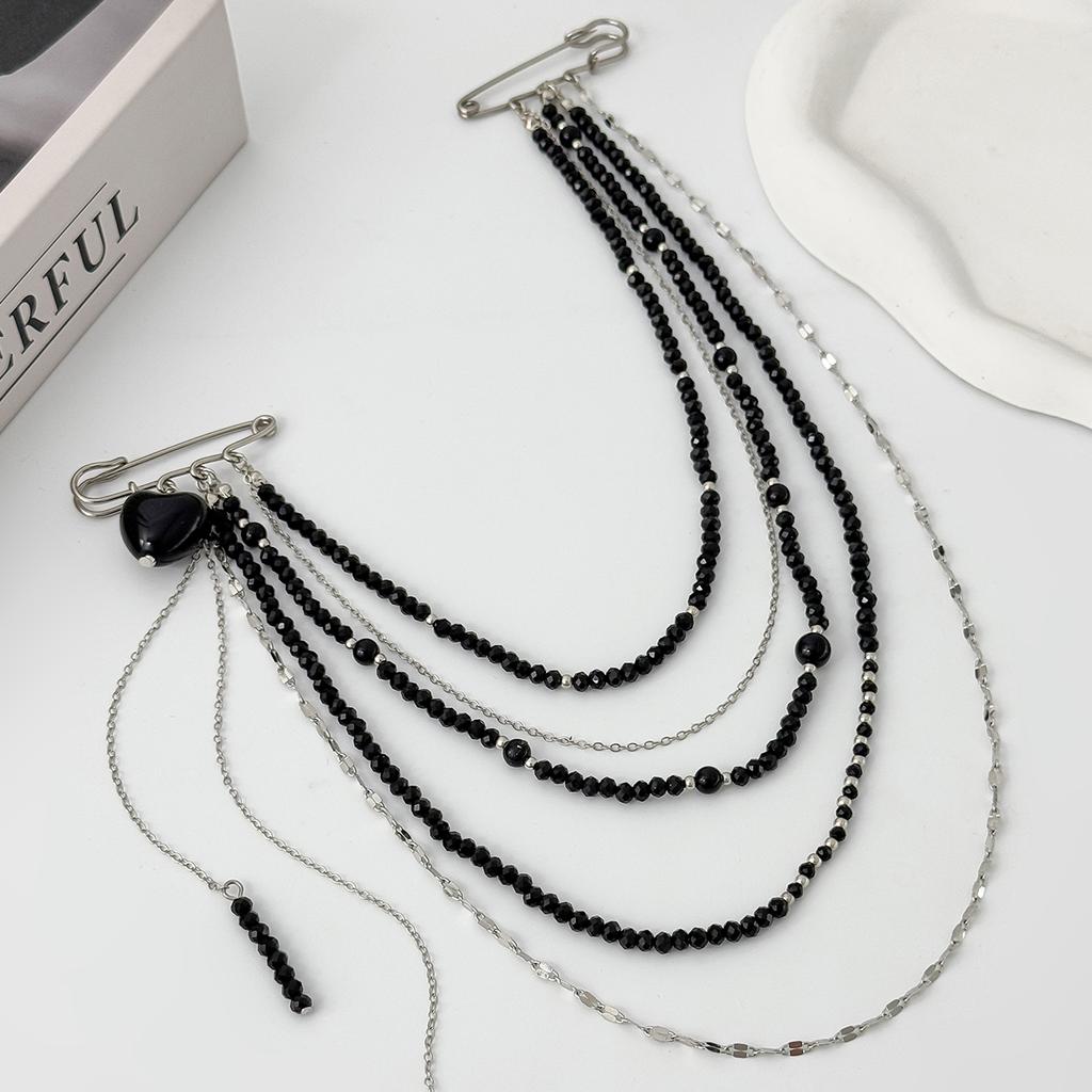 Ingemark Unique Black Crystal Beads Long Brooches Women Trendy Multi-layer Copper Chain Shirt Collar Suit Clip Pin Accessories