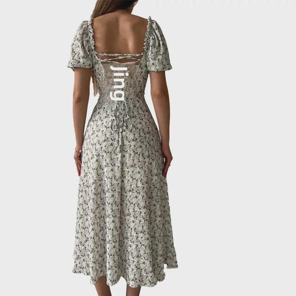 2025 Floral Print Waist-Cinched Mid-Length Dress - European & American Style