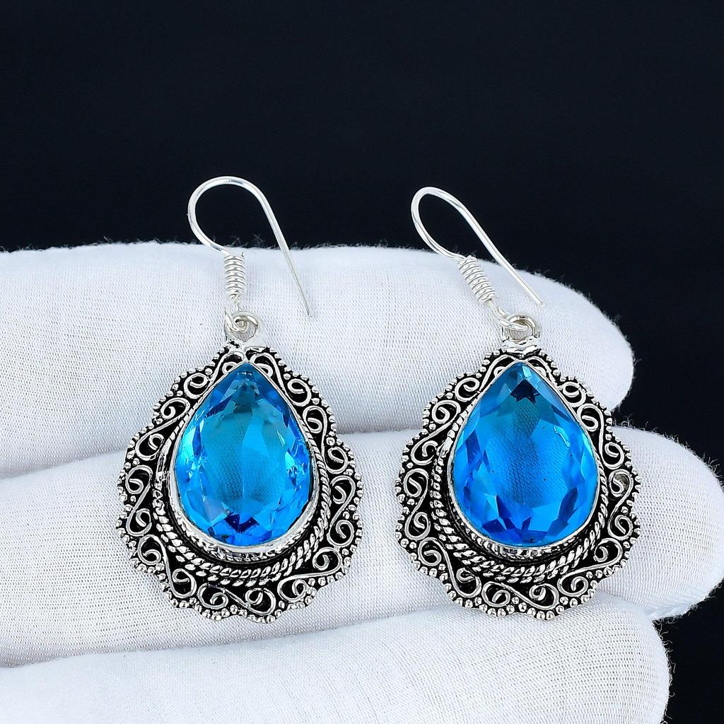 Beautiful Blue Topaz Gemstone Earrings, 925 Sterling Silver Earrings, Silver Earrings For Gift, Blue Topaz Dangle Drop Earrings For Christmas Gifts