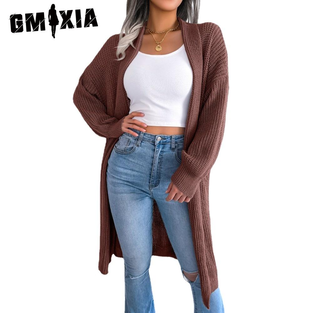 GMXIA Женские винтажные повседневные однотонные свободные осенне-зимние куртки с лацканами с длинными рукавами и универсальный длинный кардиган-свитер пальто