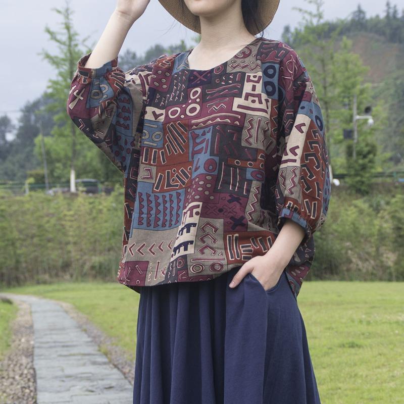 Летняя женская одежда Этнический принт хлопковая льняная блузка Топ Круглый вырез Рукава семь четвертей Футболки