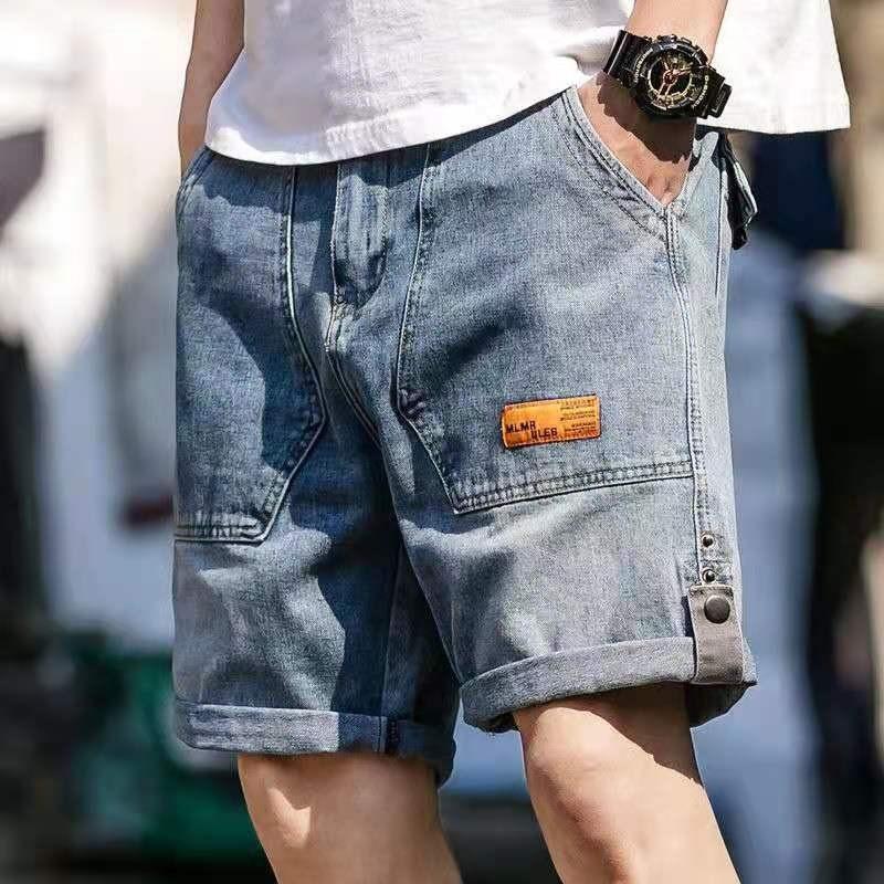 Men's Summer Slim Loose Fitting Fashion Label Denim Jogger Pants Five Point Fashion Blue Baggy Shorts Jeans