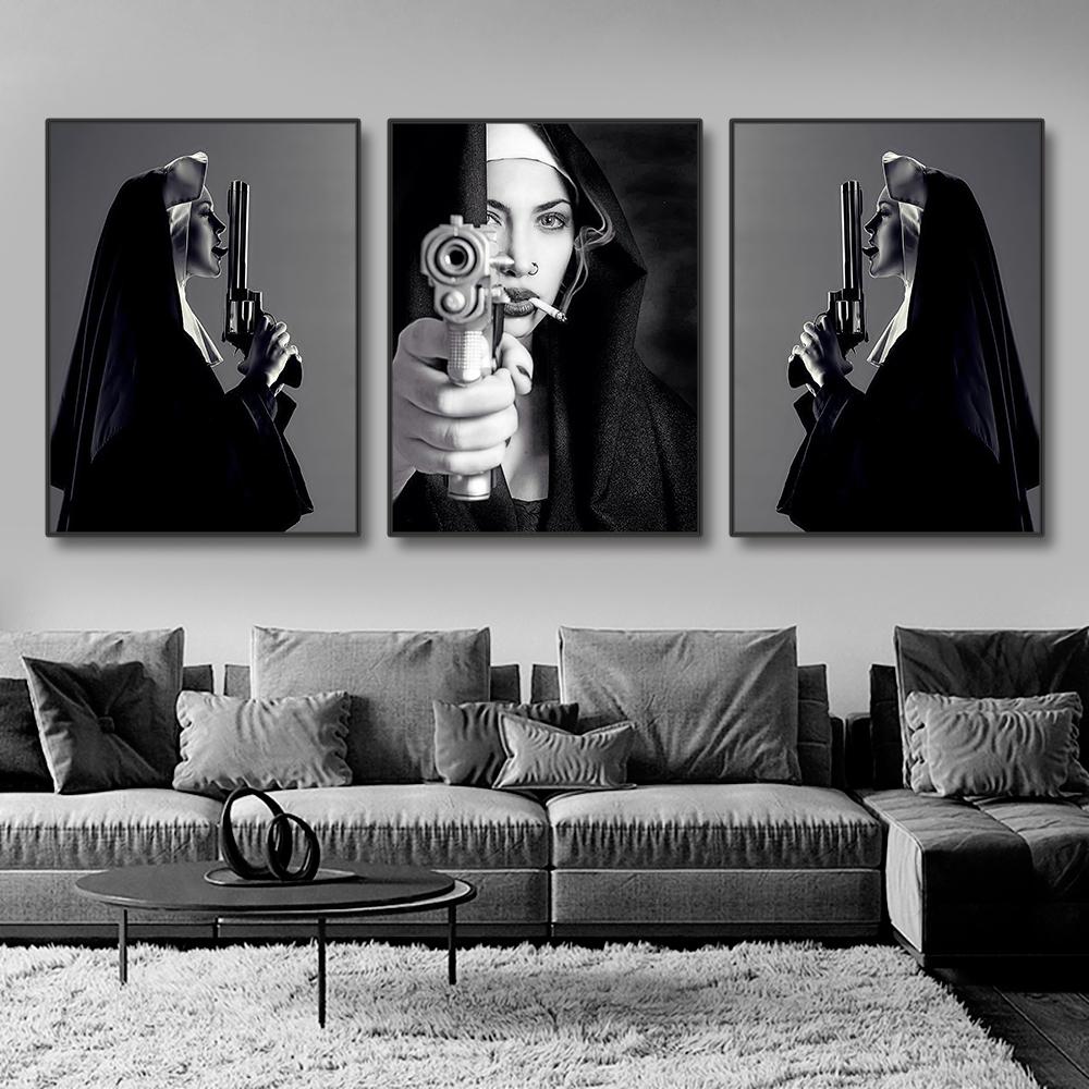 Сексуальные обнаженные монахини с большими пушками, настенная живопись на холсте, современная черно-белая пленка, постер с принтом, картина для декора гостиной