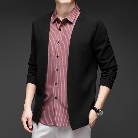 Мужская рубашка, имитация двухкомпонентного кардигана с отложным воротником, однобортная, в полоску, с длинными рукавами, подходящего цвета, трикотажная, официальная