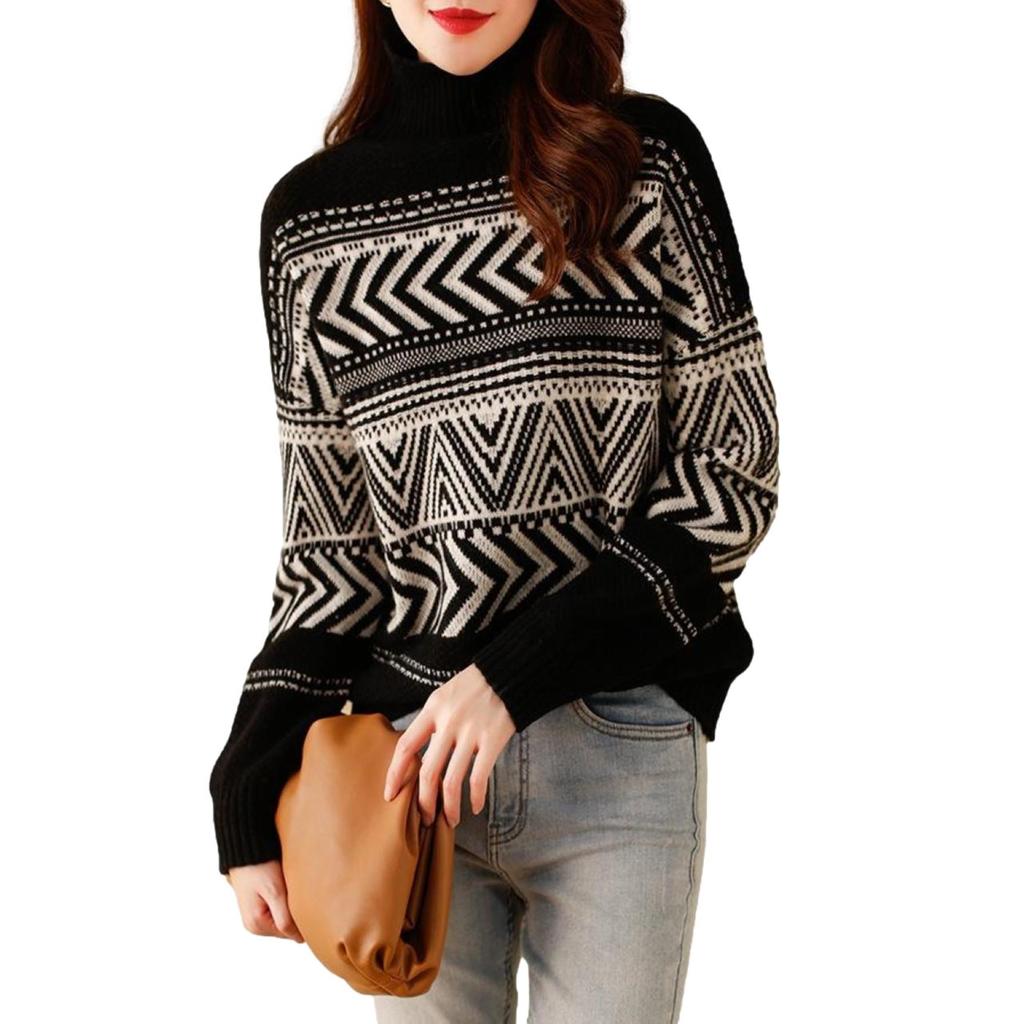 J-Scott Women's Fair Isle Knit Sweater with Drop Shoulders, Long Sleeves, and a Loose Fit, Geometric Pattern, Black, Size JS35-BK-XL