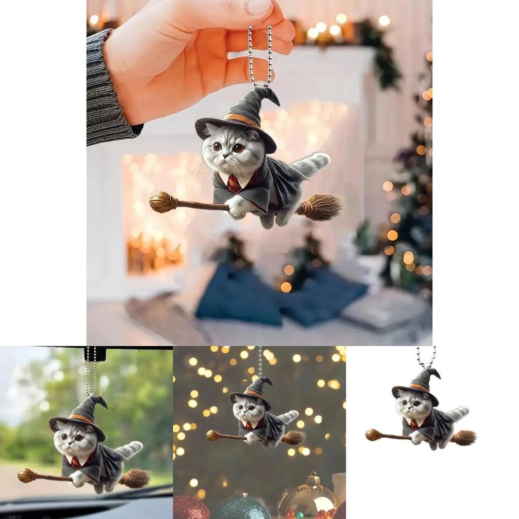 Minimalist Acrylic Flat Surface Car Charm With Magical Cat Riding Broom Design For Auto Interior Decoration
