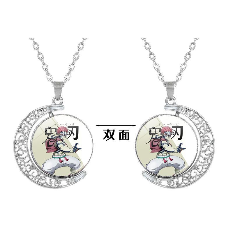 1Pc Demon Slayer Double Sided Rotating Moon Necklace, Anime Character Time Gem Pendant