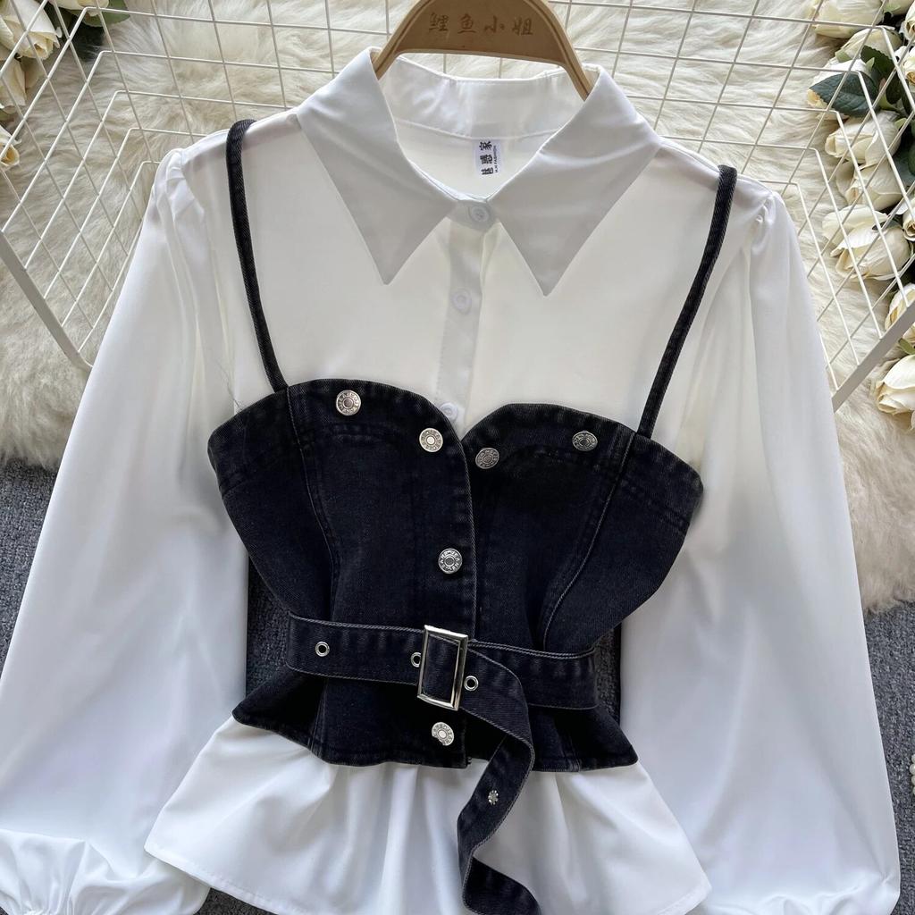 Korean Series Wear Age-Reducing Set Retro Denim Cami Stacked All-Matching Puff Sleeve Shirts Two-piece Set Top