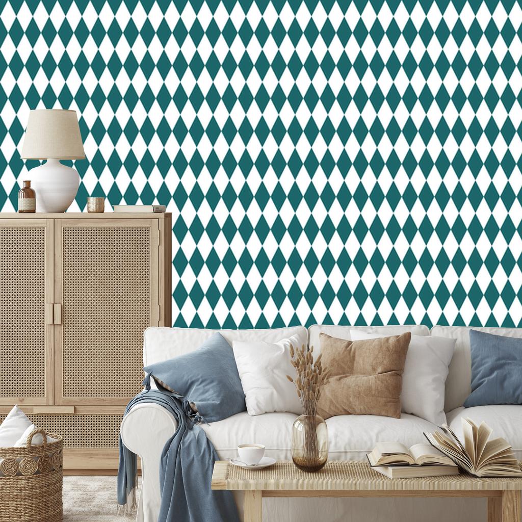 Harlequin Diamonds Wallpaper Turquoise and Light Gray 50x1000