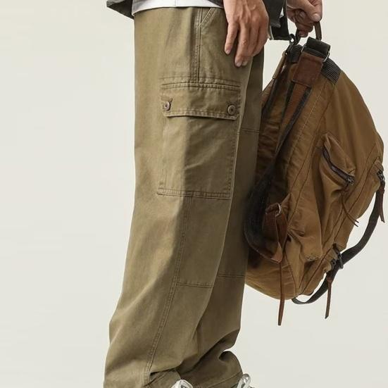 Мужские брюки-карго свободного кроя, однотонные, винтажный стиль, уличный стиль, широкие прямые брюки с несколькими карманами, уличные брюки для путешествий на открытом воздухе