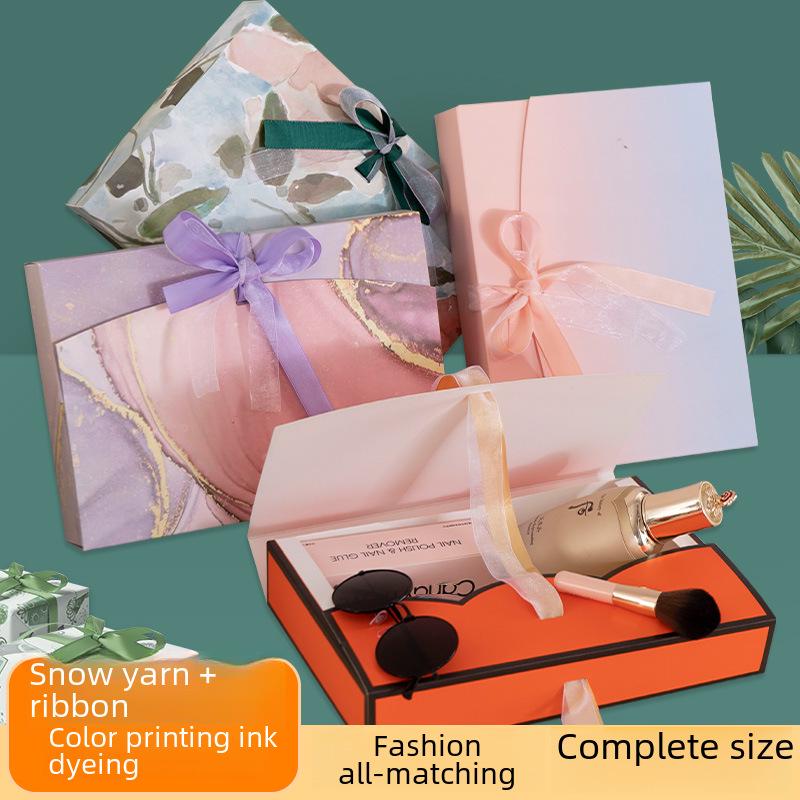 Custom Pearlescent Bow Ribbon Gift Box for Silk Scarves, Pajamas, and Shirts