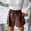 Summer Retro High Waist Drawstring Tie PU Leather Wide Leg Leather Pants Shorts Women's