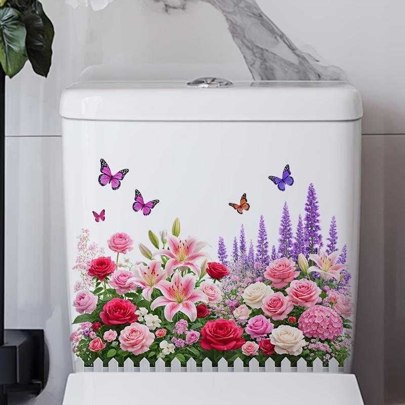 Flower Pattern Toilet Sticker Delicate Floral Design Lid Decal Waterproof Removable for Commercial Restroom Home Decor