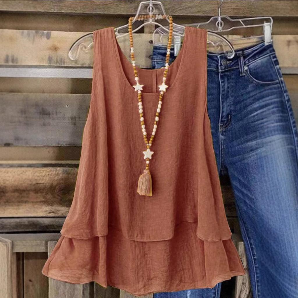 2025 Women's Summer New Solid Color Casual Sleeveless U-Neck Fake Two Layers T-Shirt