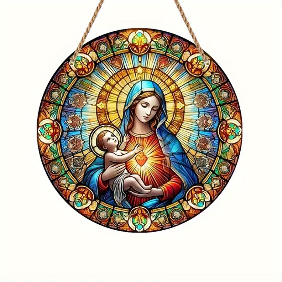 1pc 2d Flat Wood Christian Religion Mary Suncatcher, Translucent Stained Window Hanging, Round Wooden Sign- 20cm Porch, Wall, Home, Room, Cafe Holiday