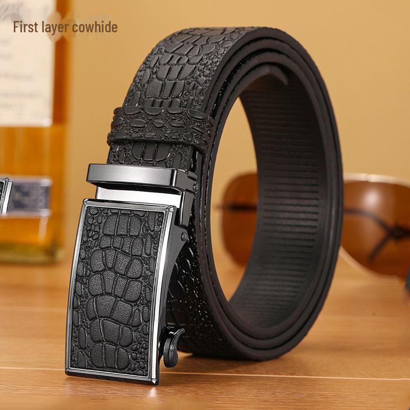 Men's Crocodile Pattern Leather Automatic Belt - Top Grain Cowhide, High-End Design, Genuine Craftsmanship.