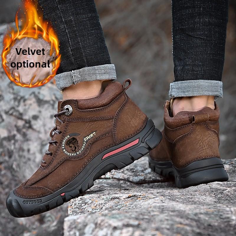 Осенние/зимние кожаные ботинкиМужские походные ботинки с высоким верхом из плюшевой кожи и хлопка для активного отдыха, большой размер 39-46