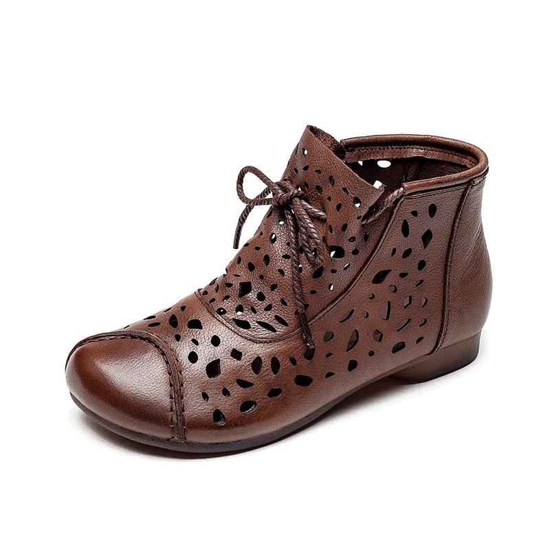 Summer Retro Casual Wear-resistant PU Leather Sandals Hollow Boots Soft Comfortable Breathable High-top Zipper Women's Shoes Ladies Soft Leather Shoes