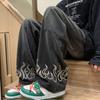 Spring and Autumn Men's Vintage Flame Printed Jeans Baggy Streetwear Wide Leg Denim Trousers Hip Hop Straight Pantalones