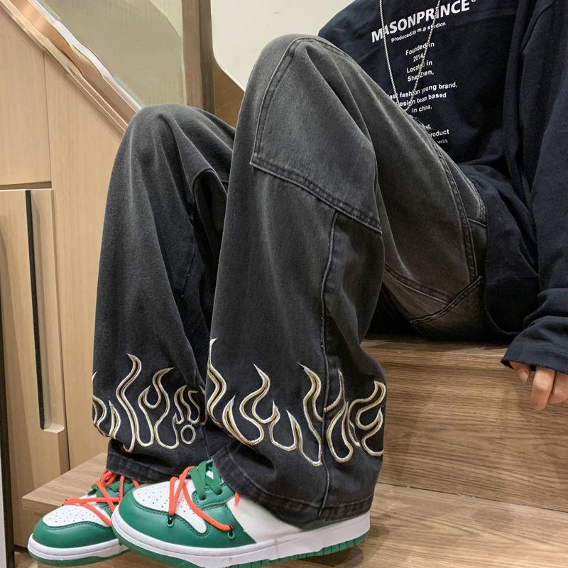 Spring and Autumn Men's Vintage Flame Printed Jeans Baggy Streetwear Wide Leg Denim Trousers Hip Hop Straight Pantalones