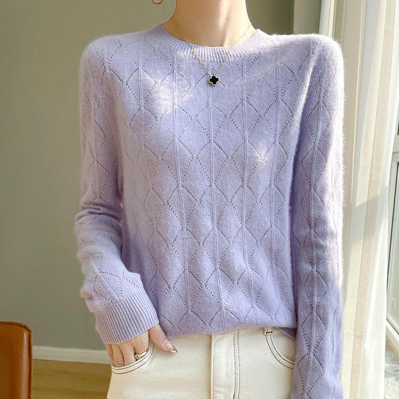 Осень-зима женские вязаные свитера с круглым вырезом, ажурный пуловер, свитер, трикотаж, длинный рукав, однотонные простые свитера